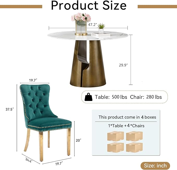 5-Piece Faux Marble Round Dining Table Set for 4, Modern Luxury Kitchen Table Set for 4 with Green Tufted Chairs,Circle Dining Tables with White Marble Grain Top and Bronze Pedestal Base