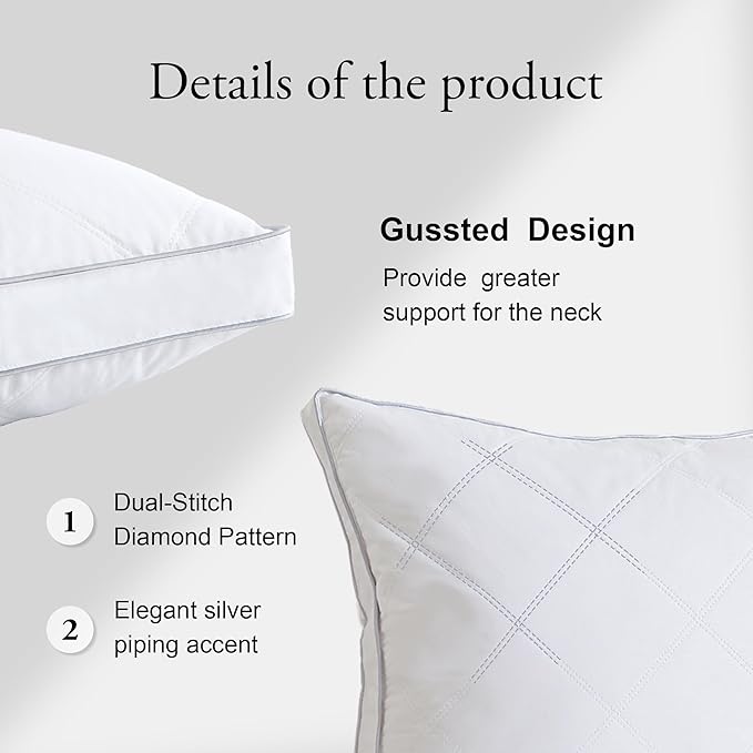 Deodar Goose Feather Down Pillows King Bed Pillow 2 Pack - Made in USA -Hotel Gusseted Set of 2 White Fluffy Pillow for Side Back Stomach Sleepers 20" x 36"
