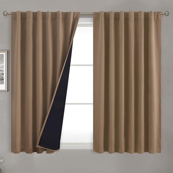 BGment 100% Room Darkening Thermal Insulated Blackout Curtains 45 Inches Long with Liner, Rod Pocket and Back Tab Double Layer Noise Reduce Curtains for Bedroom (52 x 45 Inch, 2 Panels, Taupe)
