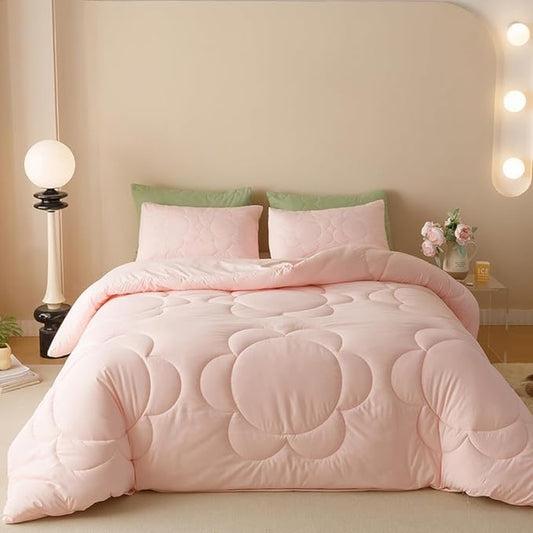 CLOTHKNOW Pink Floral Twin/Twin XL Comforter Set 3Pcs Daisy Puff Bedding Comforter Sets Boho Comforter Soft Pink Comforter Sets
