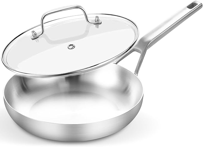 Tri-Ply Fully Bonded Stainless Steel Frying Pan, 10",With Tempered Glass Lid, Chef's pan,Skillets,Induction Pan Dishwasher and Oven Safe