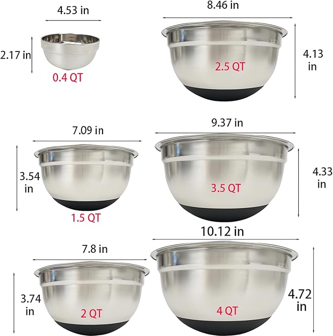 Mixing Bowls With Lids Set, Large Thicker Stainless Steel Stackable Mixing Bowl Set, 0.4/1.5/2/2.5/3.5/4 Qrt, Black