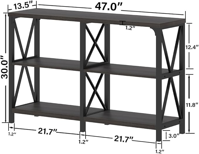IBF Modern Entryway Table, Rustic Sofa Table Behind Couch, Industrial Metal Wood Console Table with Storage Shelves, 3 Tier Foyer Hallway Table for Entry Living Room Bedroom, Dark Gray Oak, 47 Inch