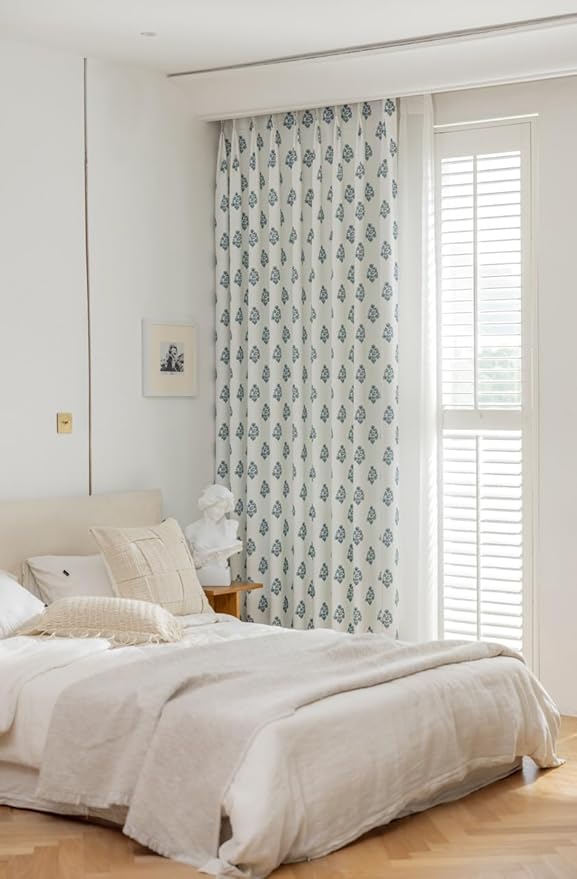 Linen Blend Pinch Pleated Curtains for Living Room, Bedroom, Dining Room - Light Filtering Curtains 2 Panels Set - Luxury and Modern Floral Printed Design - Kashmir Blue, 30" W x 108" L