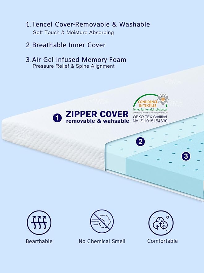 3 Inch Memory Foam Mattress Topper, Cooling Gel Queen Topper with Removable Skin-Friendly Cover, Bed Topper for Pressure Relief Back Pain, CertiPUR-US Certified