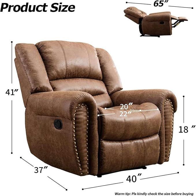 INZOY Leather Recliner Chair, Heavy Duty Manual Reclining Sofa Single Lounge Sofa for Living Room, Home Theater Seating, Light Brown