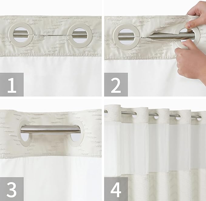 Long No Hook Tufted Chevron Striped Shower Curtain with Snap-in Fabric Liner set-71Wx80H(78H),Cream Hotel Grade Boho Style Shower Curtain with See Through Top Window,Water Repellent