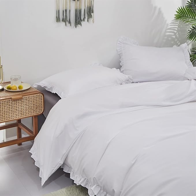Luxlovery White Comforter Set Queen White Ruffle Bedding Comforter Set Queen Shabby Chic Blanket Quilts Vintage Rustic Bedding Set with Ruffles Women Girls