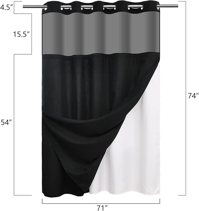 No Hooks Required Waffle Weave Shower Curtain with Snap in Liner-Hotel Grade Waterproof & Mesh Top Window Spa Like Bath Curtain Machine Washable Heavy Duty 71Wx74L(Black)