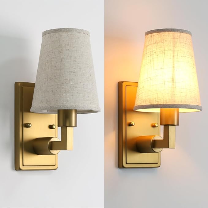 Wall Sconce 1-Light Fixture Antique Finish with Linen Fabric Shade, E26 Hardwired Indoor Wall Light for Vanity Bathroom Living Room Bedside Nightstand Light