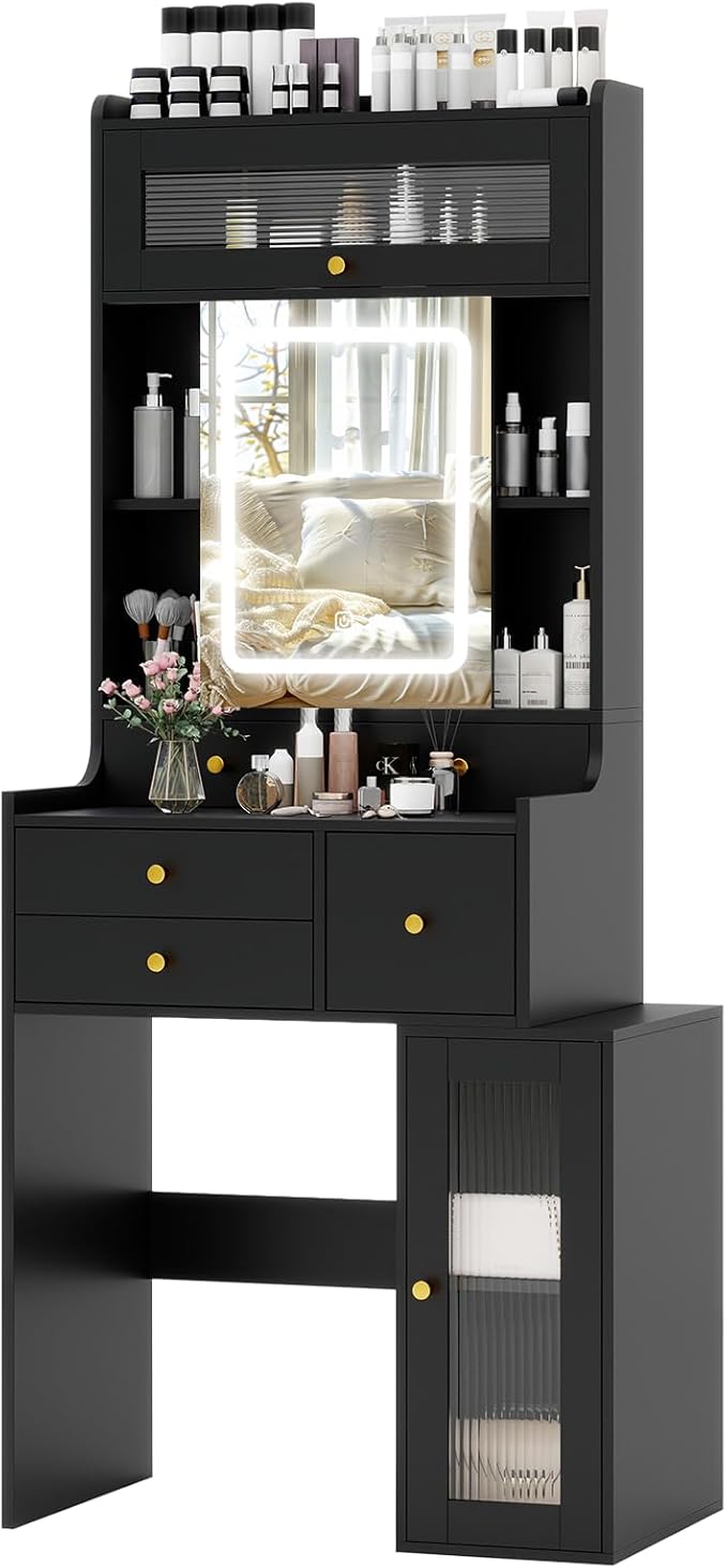 ARTETHYS Small Vanity Desk with Sliding Mirror and Lights Black Makeup Vanities Set with Drawers Compact Dressing Table with Cabinet and Adjustable Shelves for Bedroom