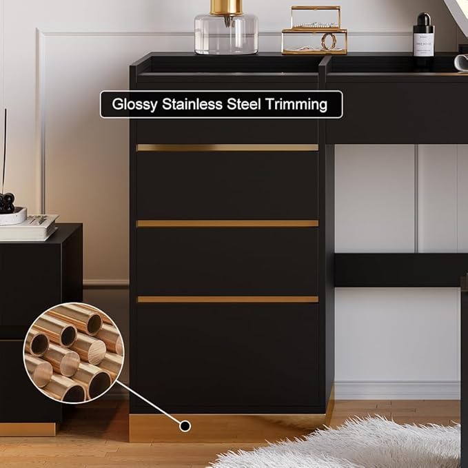 homary Vanity Desk with LED Mirror, Makeup Vanity with Power Outlet and Tempered Glass Top, Makeup Table with 6 Drawers, 3 Lighting Modes Vanity Table with Chair for Bedroom