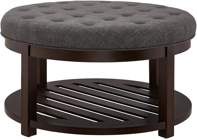 24KF Large Round Upholstered Tufted Linen Ottoman Coffee Table, Large Footrest Ottoman with Wood Shelf Storage,Dark Gray