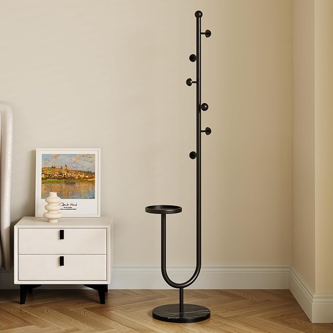 Coat Rack,Metal Free Standing Coat Stand with marble base, Hall Coat Tree with 6 Hooks and Storage Tray,68.9 Inch Tall, for Coats, Hats, Bags, for Entryway, Hallway, Bedroom (black)