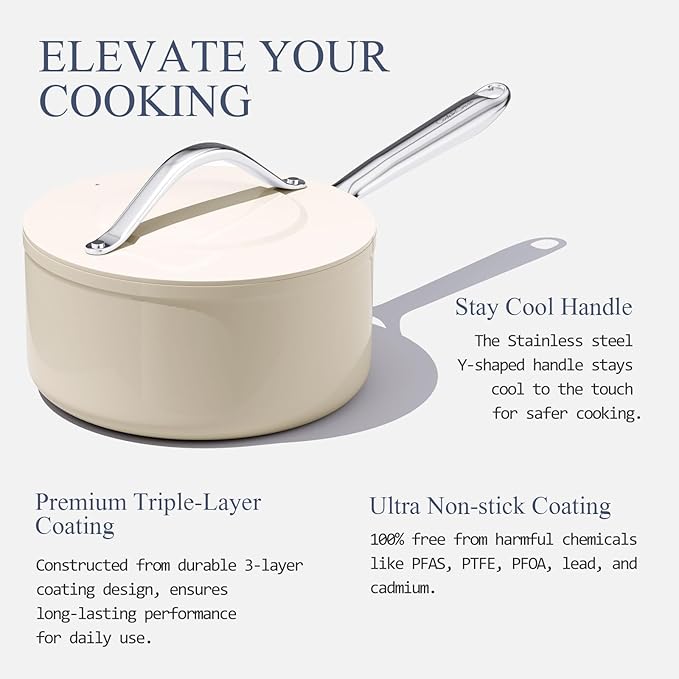 3.5qt Nonstick Ceramic Sauce Pan with Lid (8.19") Even Heat Distribution, Non Toxic & PFAS Free Healthy Cooking Pot for All Stovetops (Induction/Gas/Electric), Oven Safe 500°F, Cream