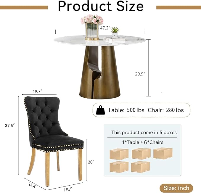 7-Piece Faux Marble Round Dining Table Set for 6, Modern Luxury Kitchen Table Set for 6 with Black Tufted Chairs,Circle Dining Tables with White Marble Grain Top and Bronze Pedestal Base