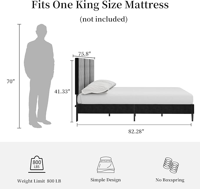 King Bed Frame with Headboard, Vertical Channel Tufted Heavy Duty King Size Bed Frame, No Box Spring Needed, Easy Assembly, Platform Bed Frame with Headboard, Black