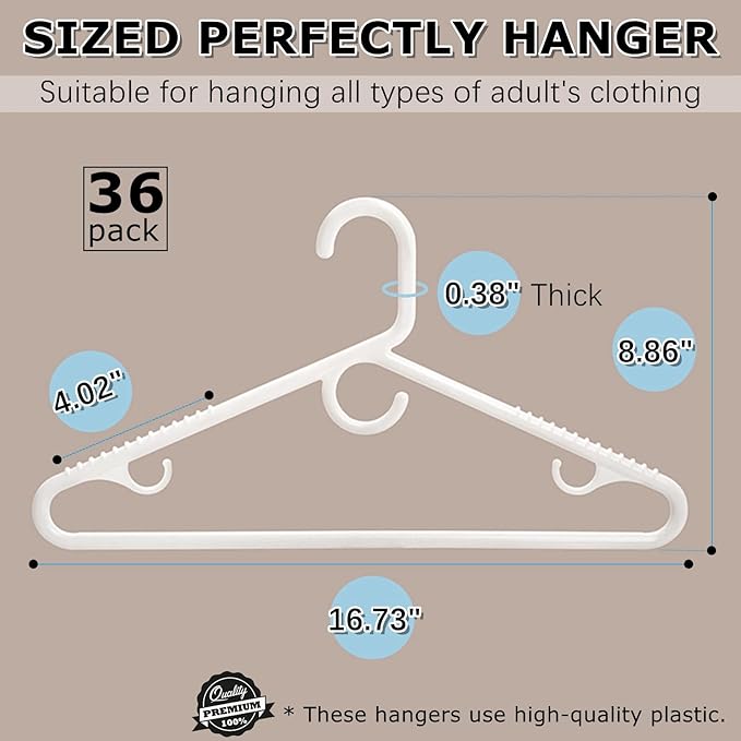 Amber Home 36 Pack Super Heavy Duty Plastic Hangers, White Plastic Hangers Non-Slip for Coat Jacket and Shirt, Non-Slip Pants Bar, Thick Strong Plastic Clothes Hangers with Hook for Scarves and Belts