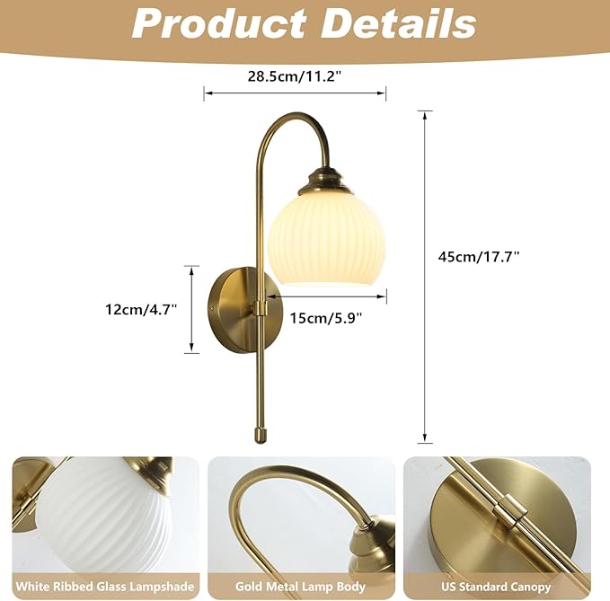 KCO Lighting Gold White Cordless Wall Sconces Mid Century Modern Bedroom Sconces Set of 2 Milk Glass Wall Lamps Antique Brass Wall Light Set of Two Retro Bathroom Vanity Light Fixtures