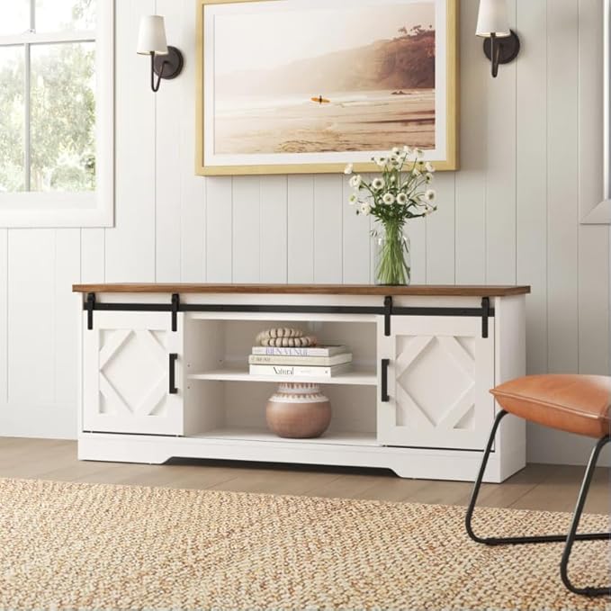 WAMPAT Farmhouse Sliding Barn Door TV Stand for TVs Up to 65 inch, Modern Storage Entertainment Center, Wood Media Console Table Cabinet 3-Level Adjustable Shelf for Living Room, White/Oak