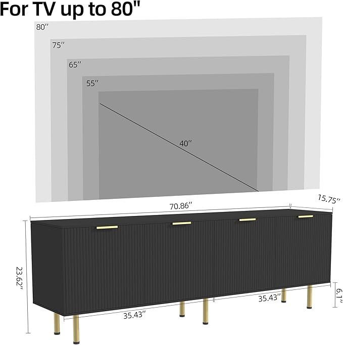 Black TV Stand for TVs up to 80 Inch,Mid Century Modern TV Console,TV Stands for Living Room & Bedroom,Entertainment Center with Storage,Entertainment Stand,TV Cabinet for 55,60,65,70,72,75,80 Inch TV