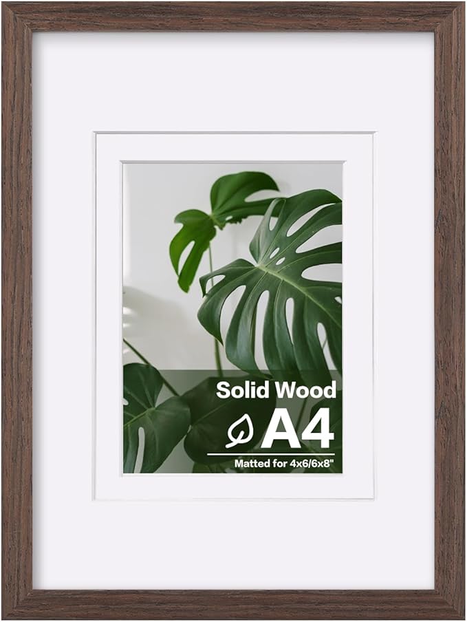 Egofine A4 Picture Frame Made of Solid Wood with Plexiglass, Display Pictures 4x6/6x8 with Mat or A4 Without Mat for Tabletop and Wall Mounting, Rustic Brown