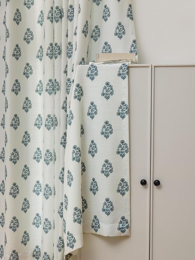 Linen Blend Pinch Pleated Curtains for Living Room, Bedroom, Dining Room - Light Filtering Curtains 2 Panels Set - Luxury and Modern Floral Printed Design - Kashmir Blue, 30" W x 84" L