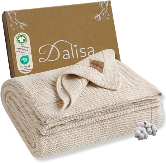 Dalisa 100% Organic Turkish Cotton Throw Blanket - GOTS Certified, Cozy - Perfect for Couch, Bed, and Home Decor - Boho Vintage Knit Alina (Beige, 50x60)