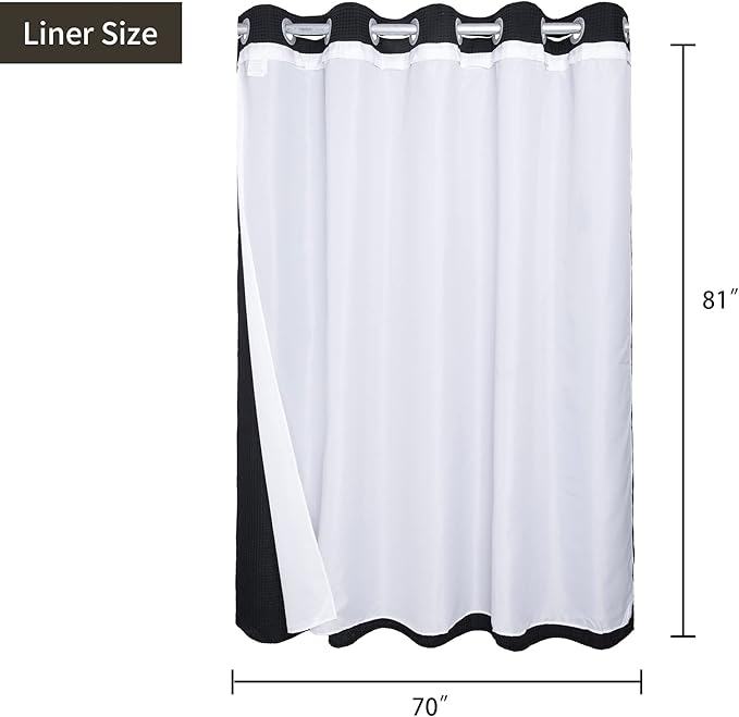 River Dream Extra-Long Waffle Weave Shower Curtain with Snap-in Liner,Cotton Blend Fabric Heavy Duty,No Hooks Needed Shower Curtain for Bathroom,Hotel Quality Shower Curtain Set, Black,71x86 inches