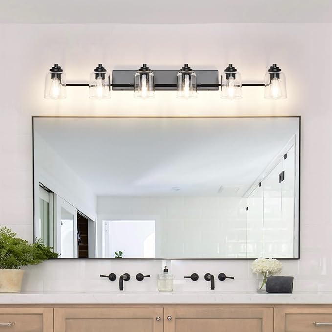 SOLFART 6 Lights Vanity Lights for Mirror Black Bathroom Light Fixtures Black Vanity Light Bathroom Light Fixtures Wall Mount 50 Inch