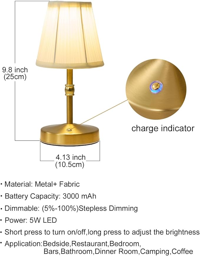 5W Mini Cordless Lamp Gold,3000 mah Small Battery Operated Lamp,Vintage Small Table Lamps,3 Level Dimmable Rechargeable Lamps,Decorative Dining Table Light,Mini Lamps for Kitchen,Nightstand,Bedroom