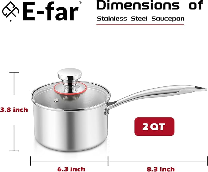 E-far 2-Quart Saucepan, Tri-Ply Stainless Steel Sauce Pan with Glass Lid, Small Cooking Induction Pot Compatible with All Cooktops, Non Toxic, Oven & Dishwasher Safe
