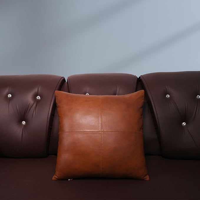 D DOLLY LAMB Lambskin Leather Pillow Cover - Sofa Cushion Case - Decorative Throw Covers for Living Room & Bedroom, 14x14 Inches - Mango Tan Antique Pack of 2