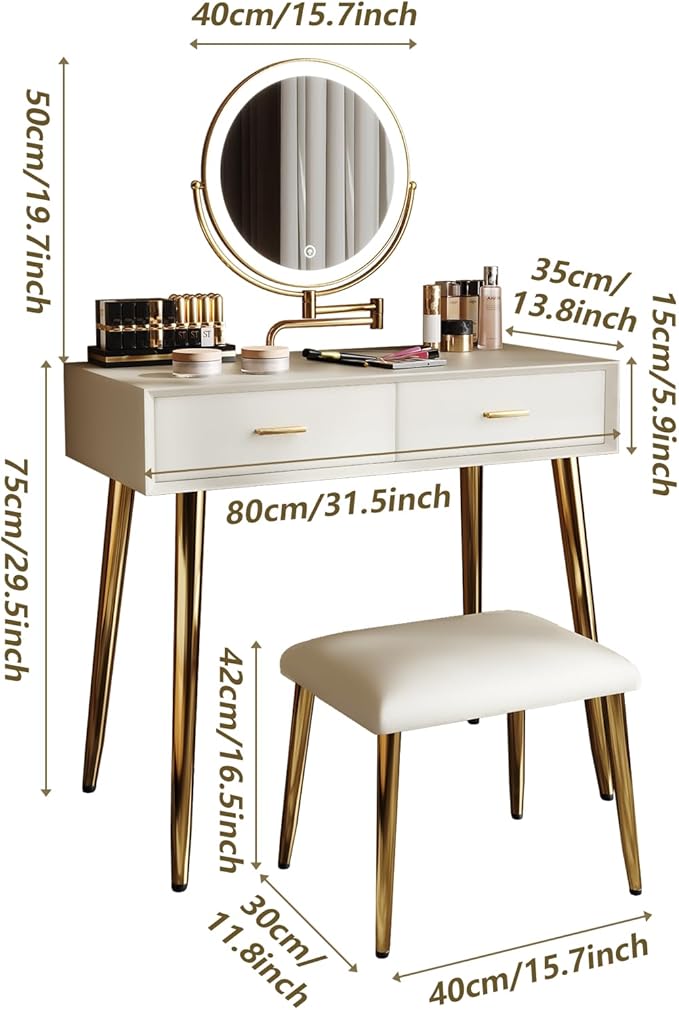 IKuinen Makeup Vanity Desk with Mirror and Lights, Small Vanity Table with 2 Drawers, Stool, Vanity Set for Bedroom with Leather, 3 Lighting Modes - 31.5In Beige