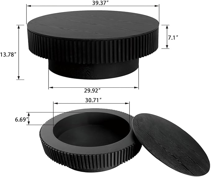 Round Coffee Table for Living Room, Accent Fluted Drum Coffee Table with Storage, Modern Solid Wood Veneered Circle Center Tea Table for Small Space Apartment (39.4''D×14''H-Black)