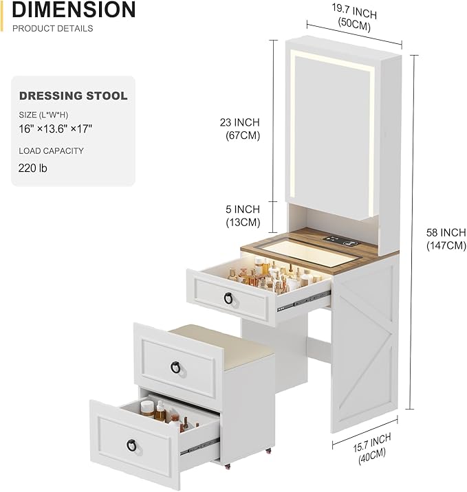 Makeup Vanity Desk with Mirror and Lights,Small Vanity Desk Set with Charging Station & Glass Top,Compact Dressing Table with Jewelry Cabinet & Storage Wheel Stool for Bedroom, White