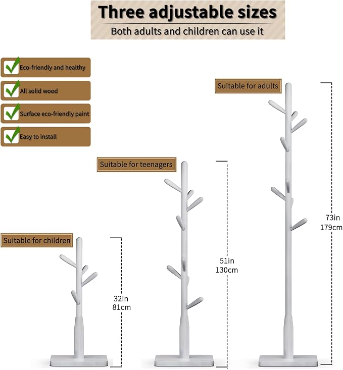 Solid Wood Square Base Coat Rack, Free Standing Hall Coat Tree with 8 Hooks（+2 spare for Coats, Hats, Bags, Purses, for Entryway, Hallway, Rubberwood Hooks,Base and Pole,(Square Base, White)