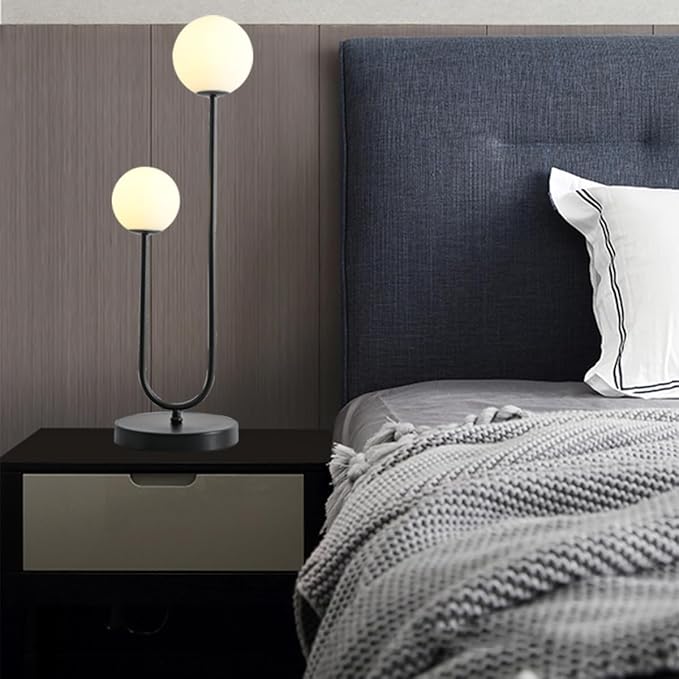 Black U-Shape 2-Light Table Light Mid Century Black Globe Table Lamp with Milk White Glass Shade Metal Base Nightstand Lamp for Bedroom Bedside,G9 Bulb