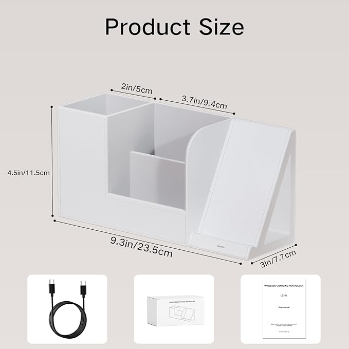 Multi-Functional Pencil Holder for Desk, Desk Organizers and Accessories with 4 Compartments for Office Art Supplies,Desk Phone Stand Charger for Desktop/Counter,Wihte Office Storage for Pens, Keys