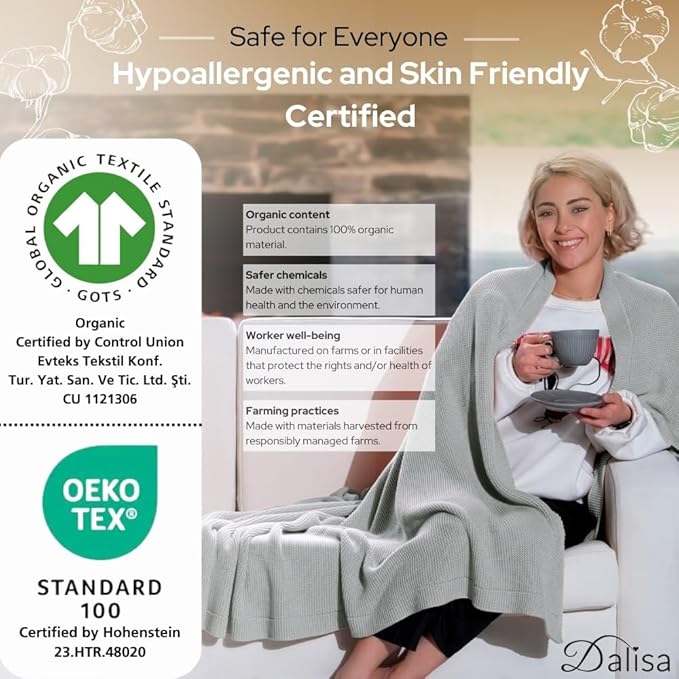 Dalisa 100% Organic Turkish Cotton Throw Blanket - GOTS Certified, Cozy - Perfect for Couch, Bed, and Home Decor - Boho Vintage Knit Alina (Harbor Mist, 50x60)