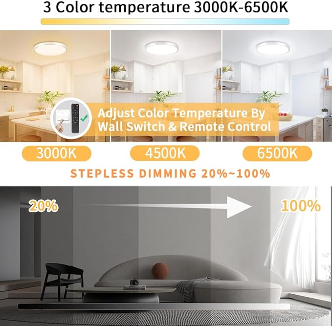 Dimmable LED Flush Mount Ceiling Light Fixture with Remote Control，8 Inch 18W Silver Round Close to Ceiling Lights for Bedroom, Kitchen,3000K-6500K 3 Light Color Adjustable 2 Pack