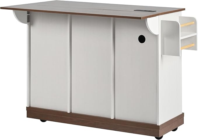 55'' Kitchen Island Cart on Wheels with Drop Leaf Countertop, Mobile Kitchen Island Carts with Power Outlet, Rolling Kitchen Table with Storage, Spice Rack, Towel Rack, and Drawer (White)
