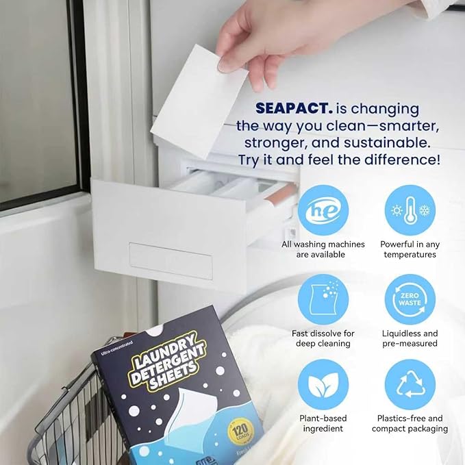 Laundry Detergent Sheets 120 Loads, Fresh Linen Scent, Plastic Free, Hypoallergenic, easy for Dorm Apartment house Travel, Sensitive Skin Friendly,Space Saving Eco Friendly, Quick Dissolve, 60 sheets