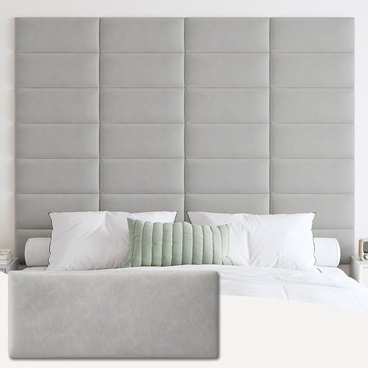 IFNOW Wall Mounted Upholstered Headboard Queen, 3D Peel and Stick Soundproof Panels, Reusable and Removable Padded Leather Bed Headboard, 9 Panels 9.84" x 23.62", Light Grey