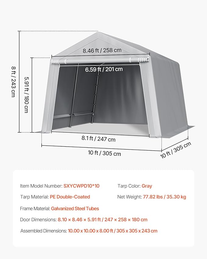 VEVOR Outdoor Storage Shed, 10 x 10 ft Portable Storage Tent with Roll-up Door & Vents, Waterproof Canopy Shed Shelter, Heavy Duty Frame, Patio Garage Carport for Motorcycle, Lawn Mower, Bike, Grey