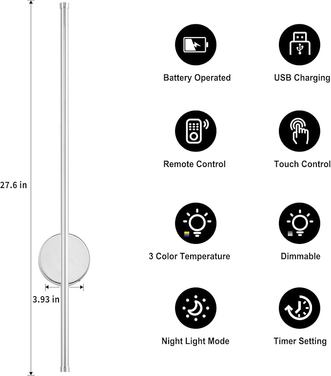 Battery Operated Modern Wall Sconces, Dimmable Wireless Wall Light Set of Two with Remote Control, 3 Color Temperatures, Rechargeable LED Wall Sconce for Bedroom, Living Room,Hallway, 27.6 Inch Chrome
