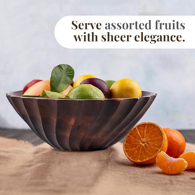 Folkulture Natural Ribbed Salad Bowl | 11” Large Mango Wood Serving Bowl for Salad, Fruit & Pasta | Decorative Wooden Bowl for Kitchen Island, Dining Table & Entertaining