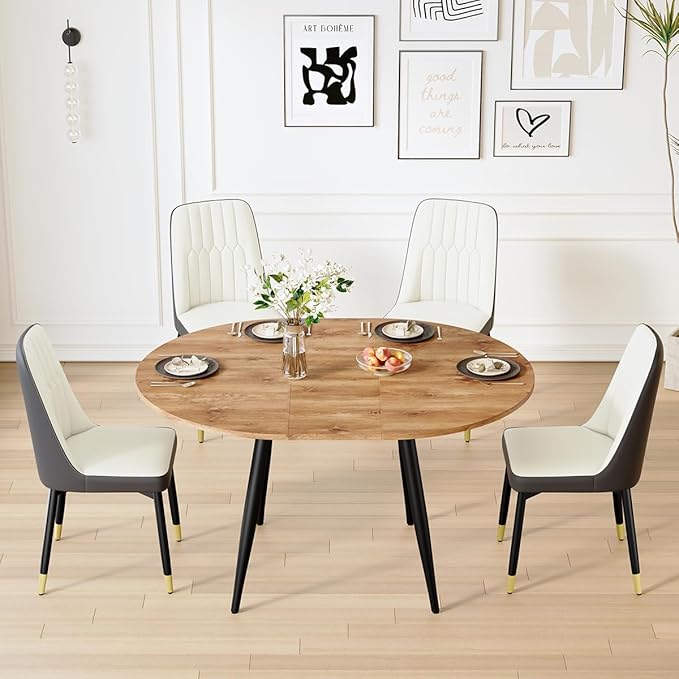 42"-54" Extendable Dining Table Set for 4, Round Dining Table Set for 4, 0.73" Thick Wood Tabletop with Smooth Edge, Black Metal Leg with Non-Slip Footmat, 4 Soft PU Chairs, for Kitchen, Small Space