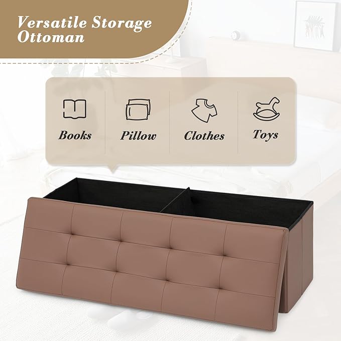 Athena Collection Leather Ottoman Bench with Storage, 43 Inches Large End of Bed Storage Ottoman Bench, 130L Load 220 Lbs Foot Rest for Bedroom, Living Room, Entyway, Brown