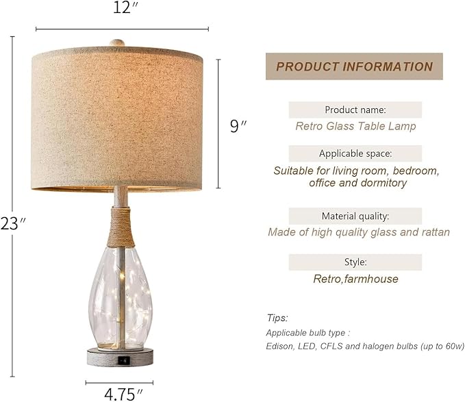 OYEARS 23" USB A+C Table Lamp for Bedroom Living Room Modern Bedside Lamps Retro Farmhouse Rattan Glass Nightstand Nightlight Lamps (White),Two Light Points